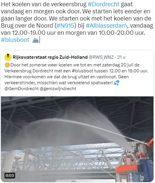 Rijkswaterstaat is weer gestart met het  koelen van verkeersbruggen