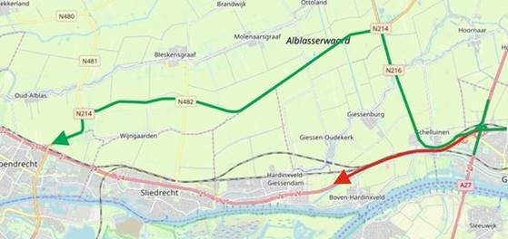 Nachtafsluiting A15 richting Rotterdam tussen knooppunt Gorinchem en Sliedrecht-West
